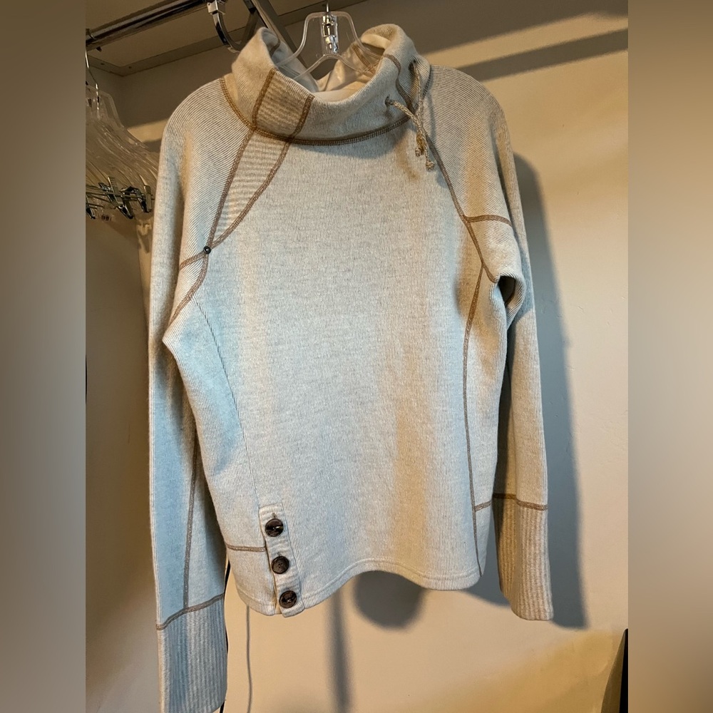 prAna Lucia Knit Sweater Cowl Stripe Pullover Button- Size XL - Off-White …